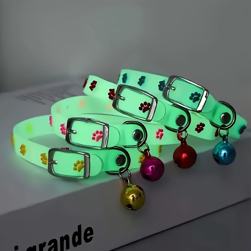 5-piece adjustable luminous pet collar with bell, animal pattern, rubber material, safety night-light cat collar set