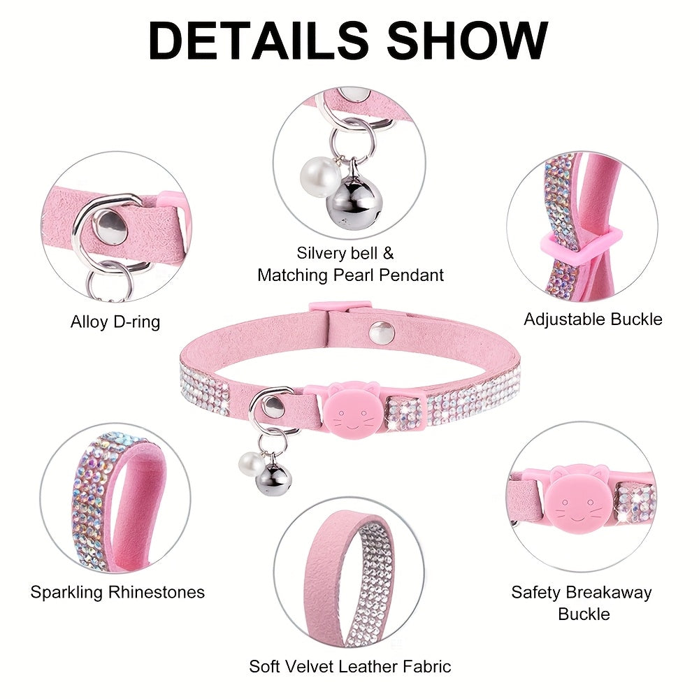 Rhinestone Cat Collar Breakaway with Bell, Precious Stone Cat Collar with Safety Buckle Quick Release for Individual Boy Small Kitten Pets Puppy, Cute Soft Female Male Cat Collars