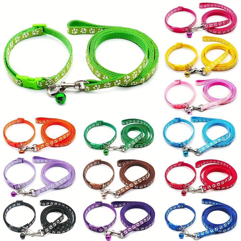 Cute Paw Pattern Nylon Dog Collar - Pet Dog Collar And Leash Set With Bell Long Dog Walking Leash