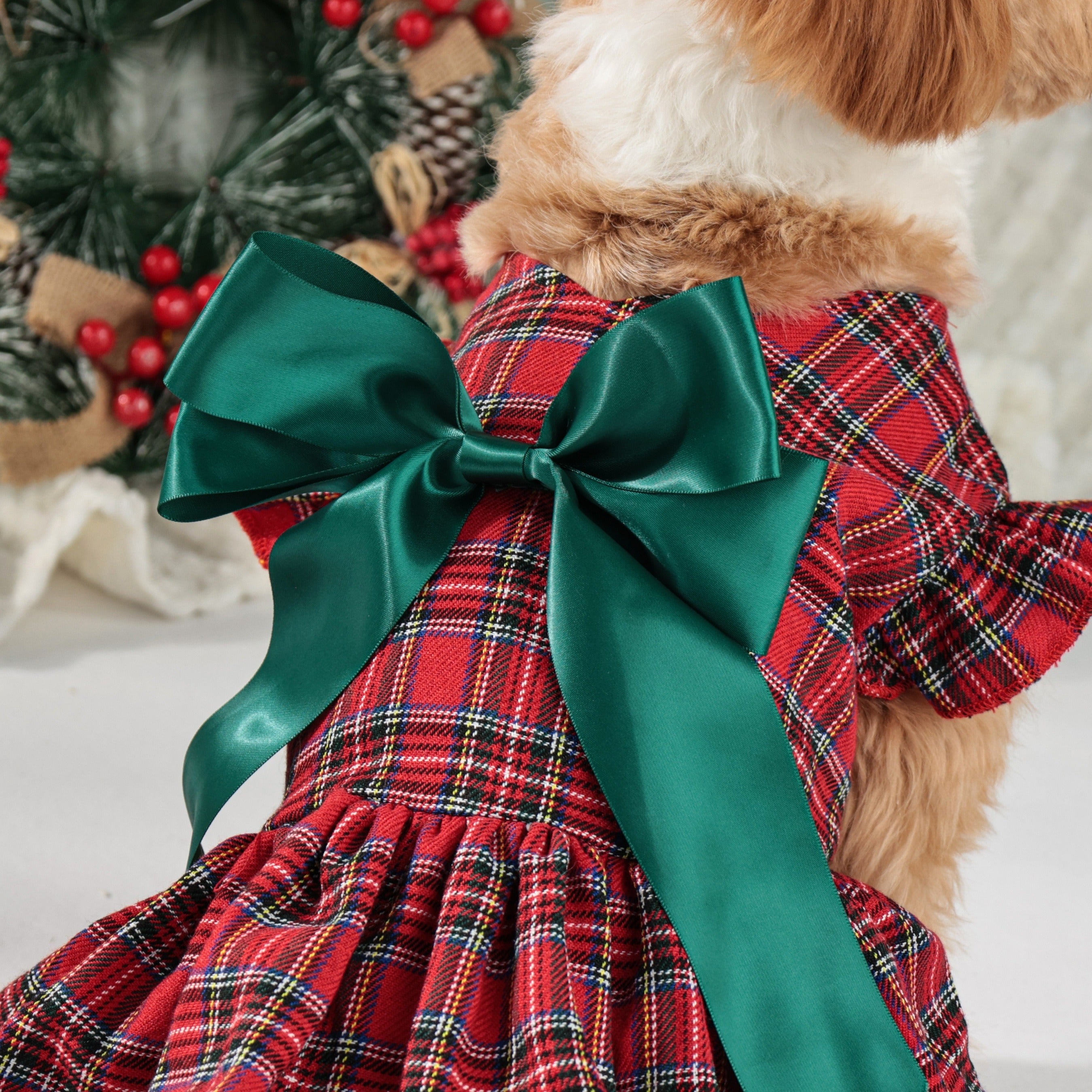 Winter & Autumn Tartan Dog Dress with Snap Buttons – 100% Polyester Woven Plaid Puppy Dress, Small Breed Christmas Party Outfit with Festive Bow Detail, Warm Pet Apparel for Seasonal Celebrations