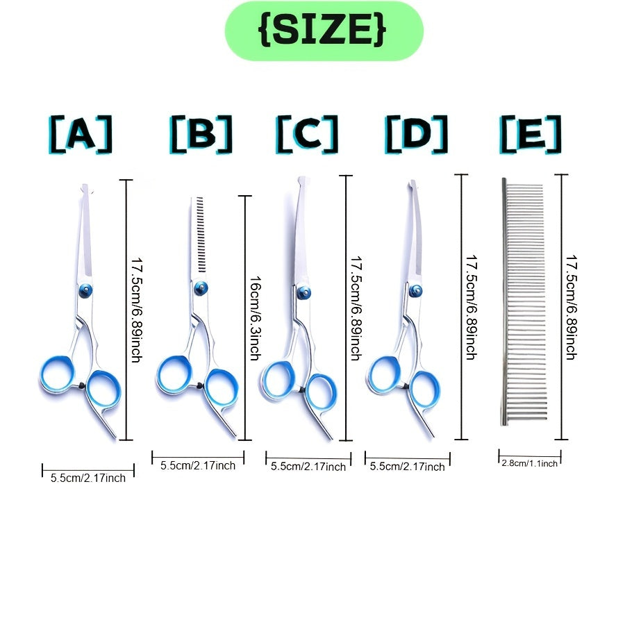 Stainless Steel Pet Grooming Scissor Set 6pcs, Professional Thinning Shears and Straight Cutters for Dogs Cats, Universal Hand Orientation, Complete Animal Hair Trimming Kit