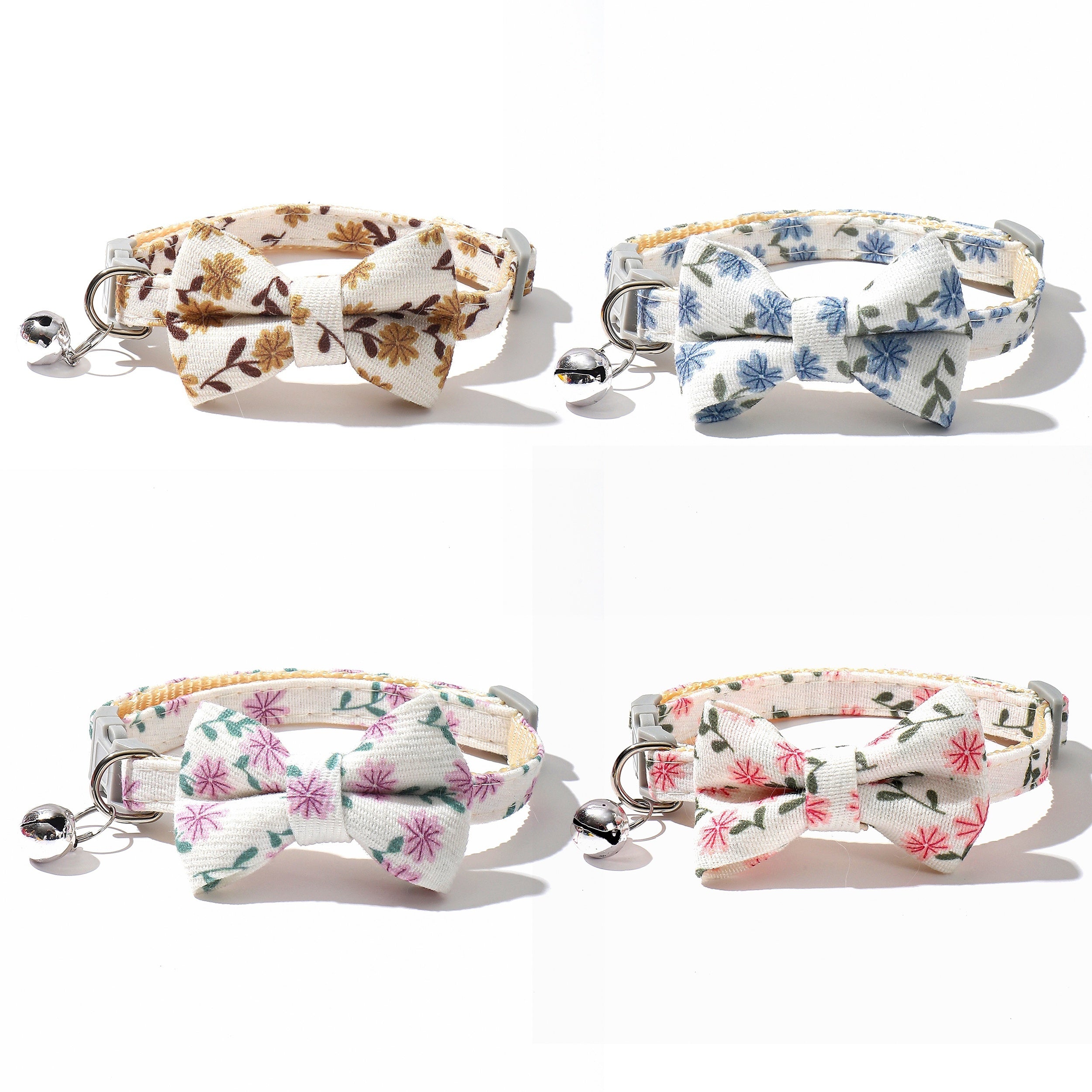 Floral Pattern Cat Collar with Bell and Bow, Adjustable Polyester Fiber Pet Collar Set for Kittens and Small Cats - Fresh Style, Breakaway Safety Design