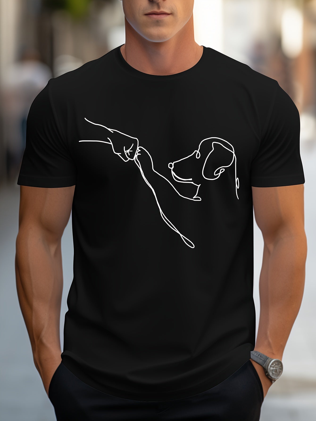 Men's Line Art Dog Print T-Shirt: Poop Scooper Exclusive! Super Cute Hand-Drawn Puppy Sketch, Minimalist Pet Interaction Design – Adorable Paw Print & Leash Graphic Tee