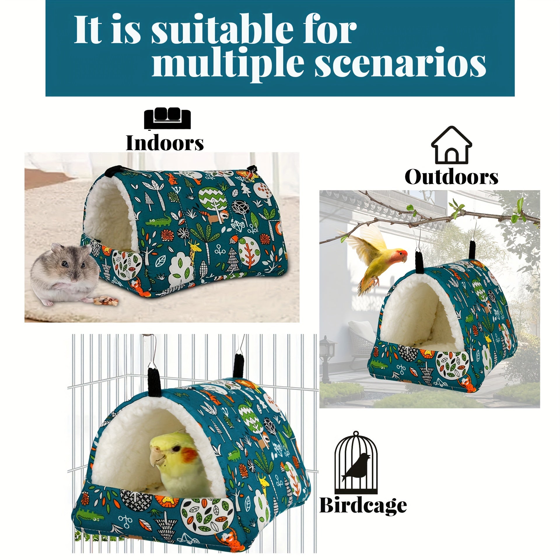 1pc Cartoon Printed Warm Fleece Bird Nest, Warm Triangular Sleeping Bird Hammock, Hanging Bedding Toy Bird Hideout