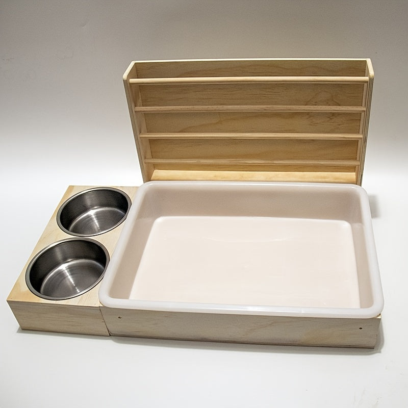 Small Pet Feeding Station with Hay Rack, Cat Litter Box & Dual Bowls - Ideal for Rabbits and Guinea Pigs