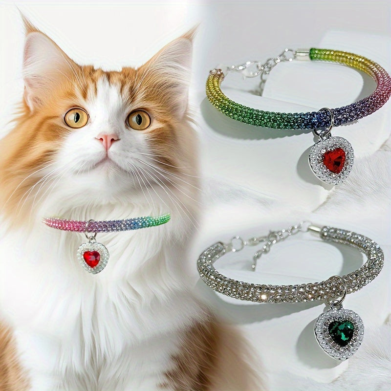 Sparkling Heart-Shaped Pearl Pendant Pet Collar - Adjustable, Rhinestone Accents for Cats & Dogs - Fashionable Valentine's Day Accessory