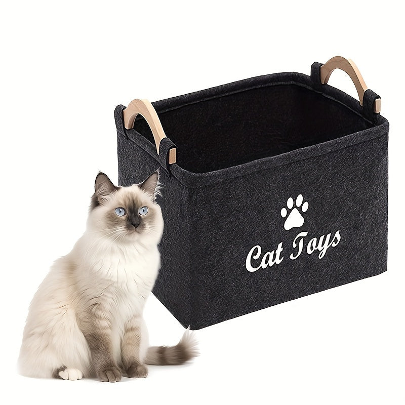 Foldable Pet Toy Storage Basket for Dogs & Cats - Durable Polyester with Paw Print Design, Wooden Handles, Ideal for Organizing Pet Playthings, Dog Toy Storage Basket