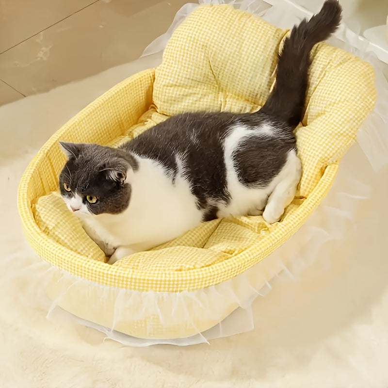 All-Season Pet Bed for Dogs & Cats - Checkered Small Bed with Soft Plush Fabric, Washable & Detachable Pet Mat, Non-Sticky to Fur, Easy to Clean, Ruffle Details - Cozy Sleeping for Indoor Cats & Small Dogs, Cat Bed, Playful D
