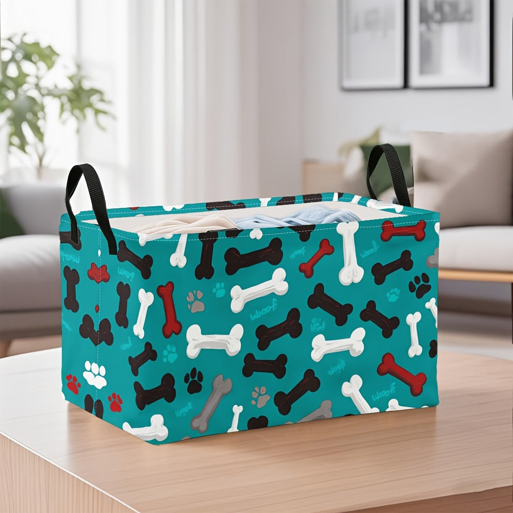 1pc Extra Large Teal Dog Paw Bones Pattern Storage Basket, Foldable Oxford Bin with Metal Frame, Ideal for Dirty Clothes & Fragrance Organization, Cologne Collection Display, Dresser Top Arrangement, Polyester Material, Pet A