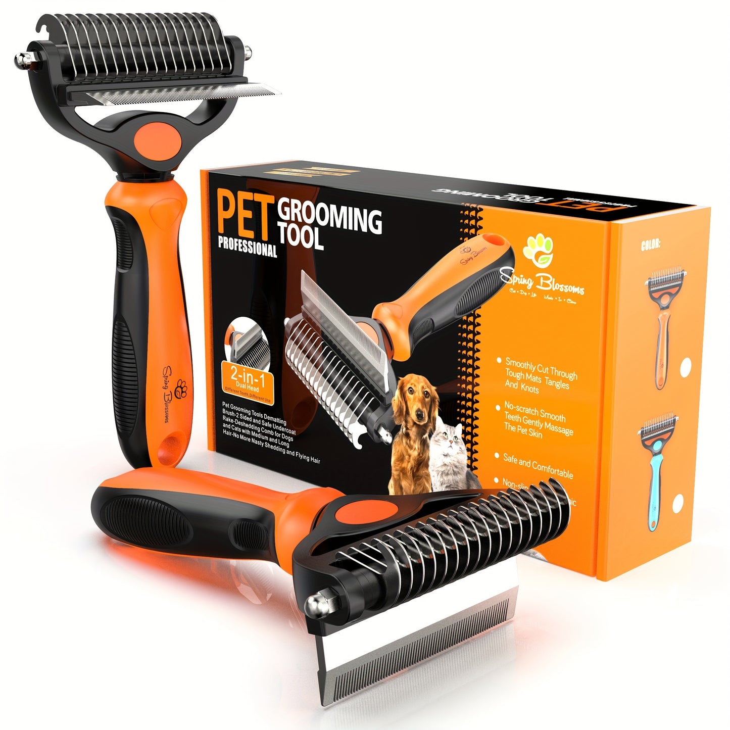 2 in 1 Professional Grooming Rake for Cats & Dogs-Dematting Comb for Easy Mats & Tangles Removing,Hair Removal Cleaner for Pets, Without Battery