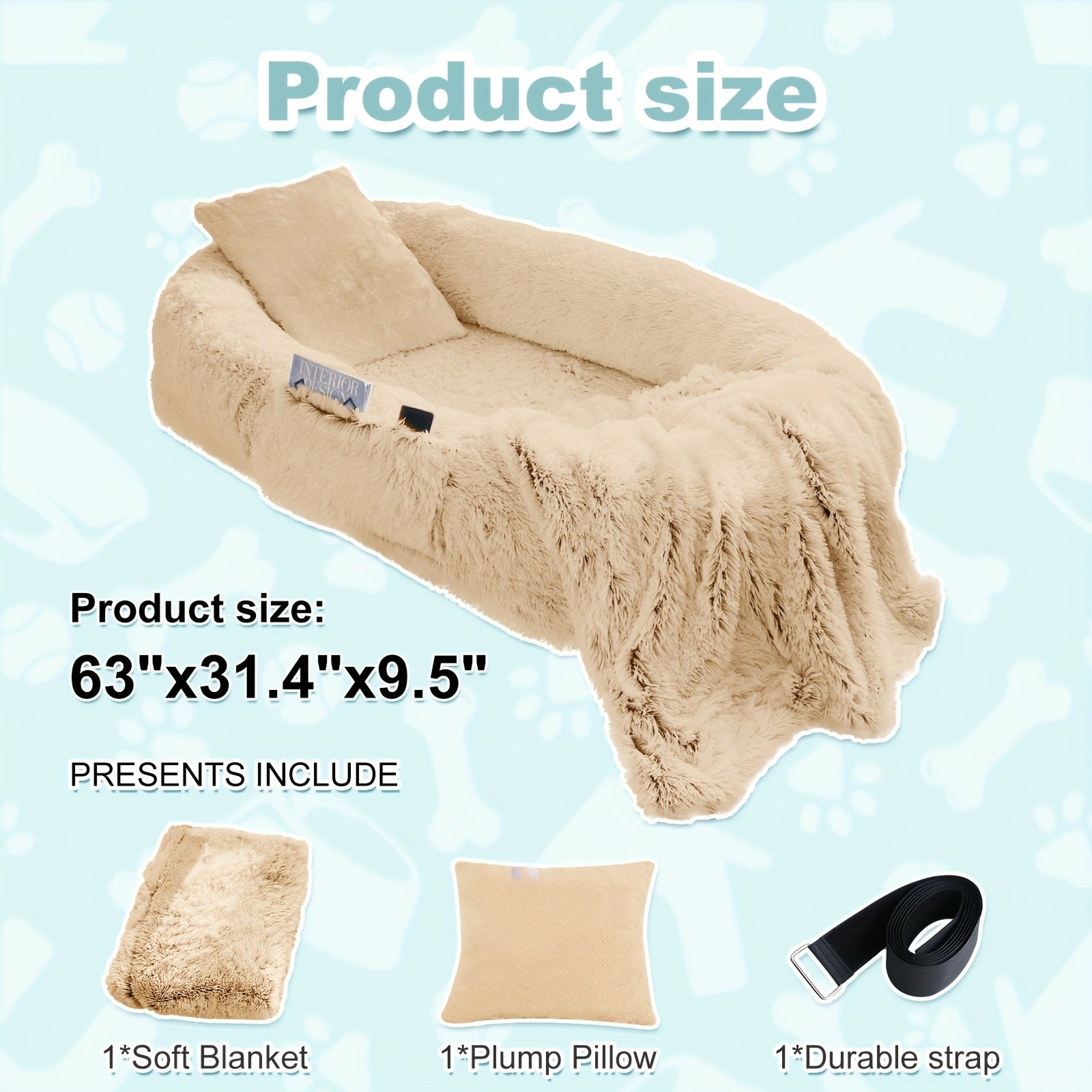 Extra Large Orthopedic Human & Dog Bed with Plush Pillow & Blanket - 71"x45"x12" Washable Faux Fur Pet Couch, Non-Slip Base, Removable Cover - Grey Bed for All Dog Breeds (Small/Medium/Large Dogs) & Cozy Napping Companion for