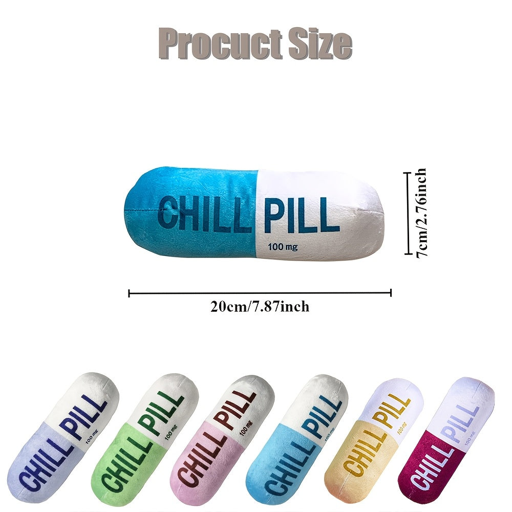 Soft Fabric Chill Pill Plush Stuffed Animal Toy and Pillow for Small Dogs and Cats, Interactive Play, Pet Bed Accessory, Soothing Snuggle Companion