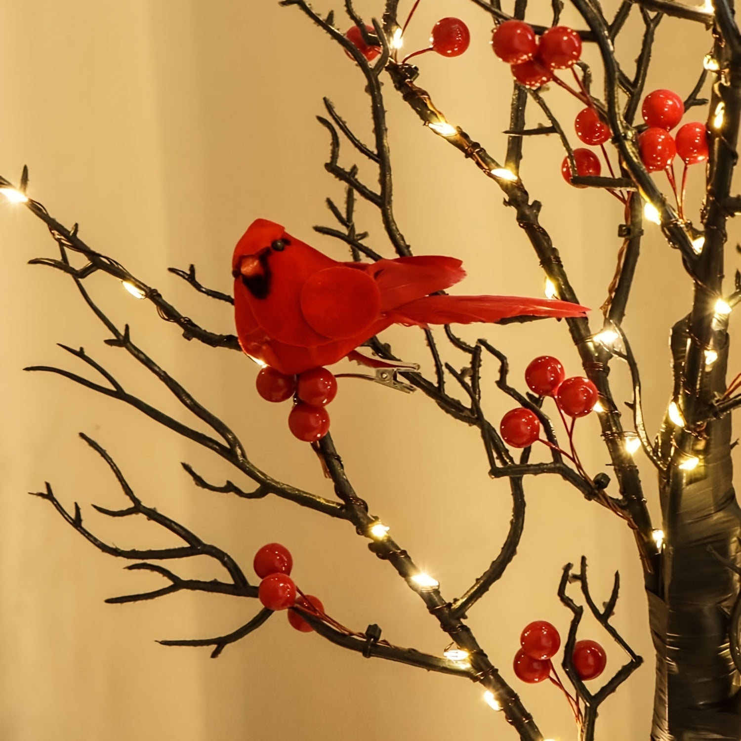 1 Elegant 21" LED-Lit Bonsai Tree with Red Birds & Black Artificial Birch - 60 Warm Yellow Lights, Perfect for Halloween, Thanksgiving, Christmas, Valentine's Decor - AA Battery Operated (Batteries Not Included)