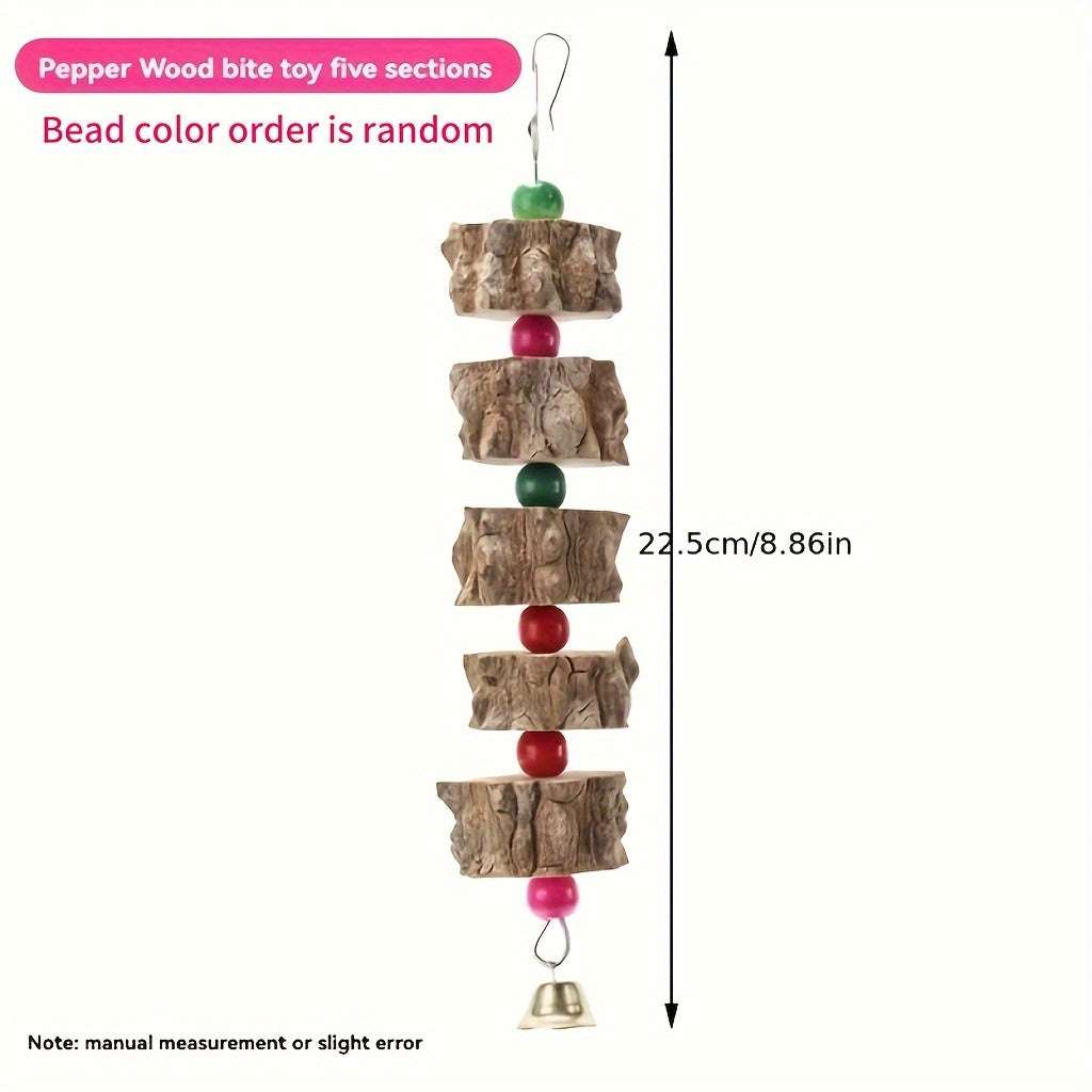Natures Delight - Durable Wooden Parrot Toy with Melodic Bell and Vibrant Beads - Stimulating Chewing & Grinding Aid for Birds Health - Perfect Cage Accessory