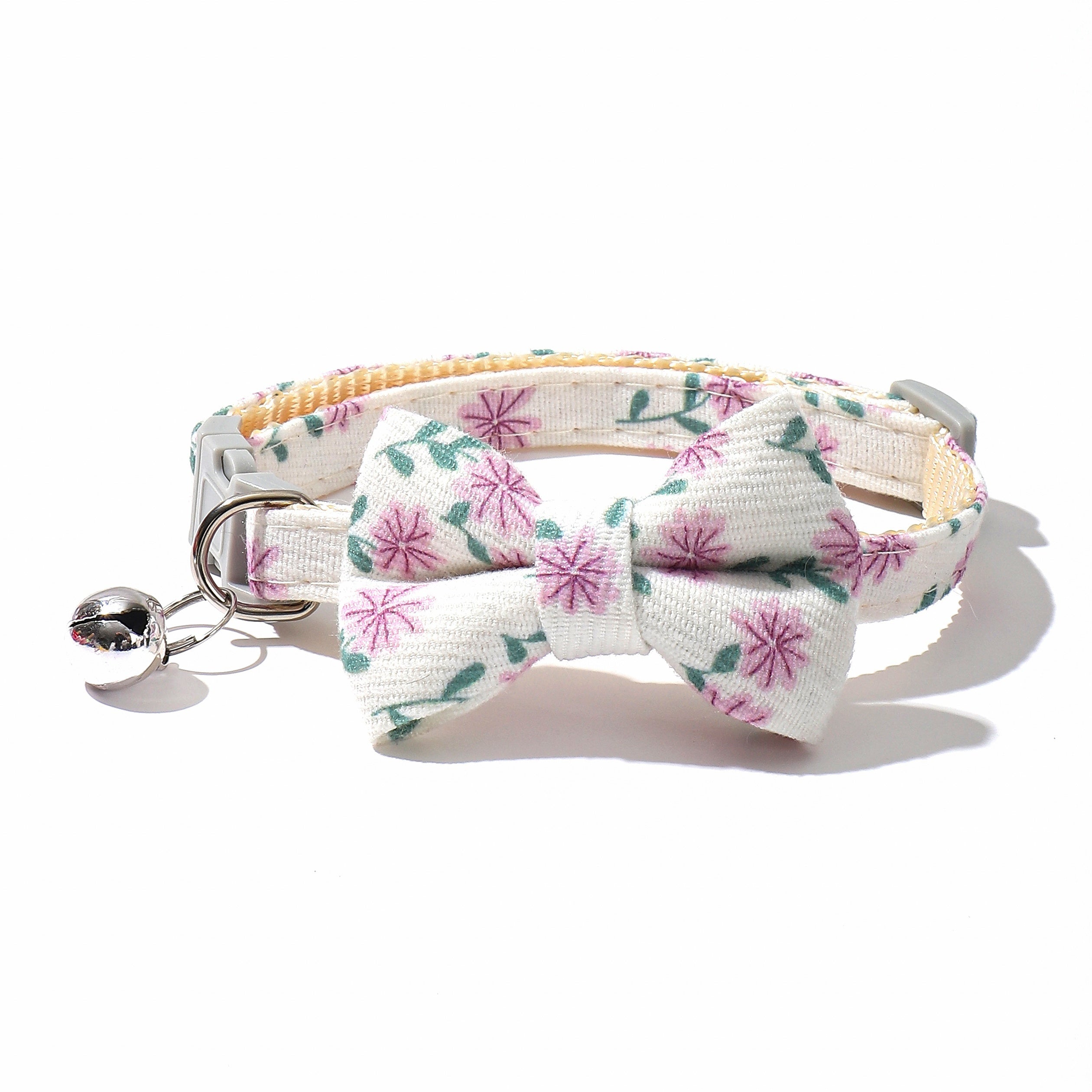 Floral Pattern Cat Collar with Bell and Bow, Adjustable Polyester Fiber Pet Collar Set for Kittens and Small Cats - Fresh Style, Breakaway Safety Design