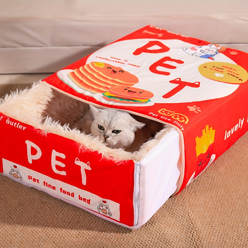 Rectangular Fully Enclosed Cat Bed with Snack Box Design - All-Season Cozy Pet Bed for Cats, Durable Polyester, Removable & Washable, Perfect Thanksgiving & Christmas Gift for Feline Friends, Cat Bed for Indoor Cats, Playful