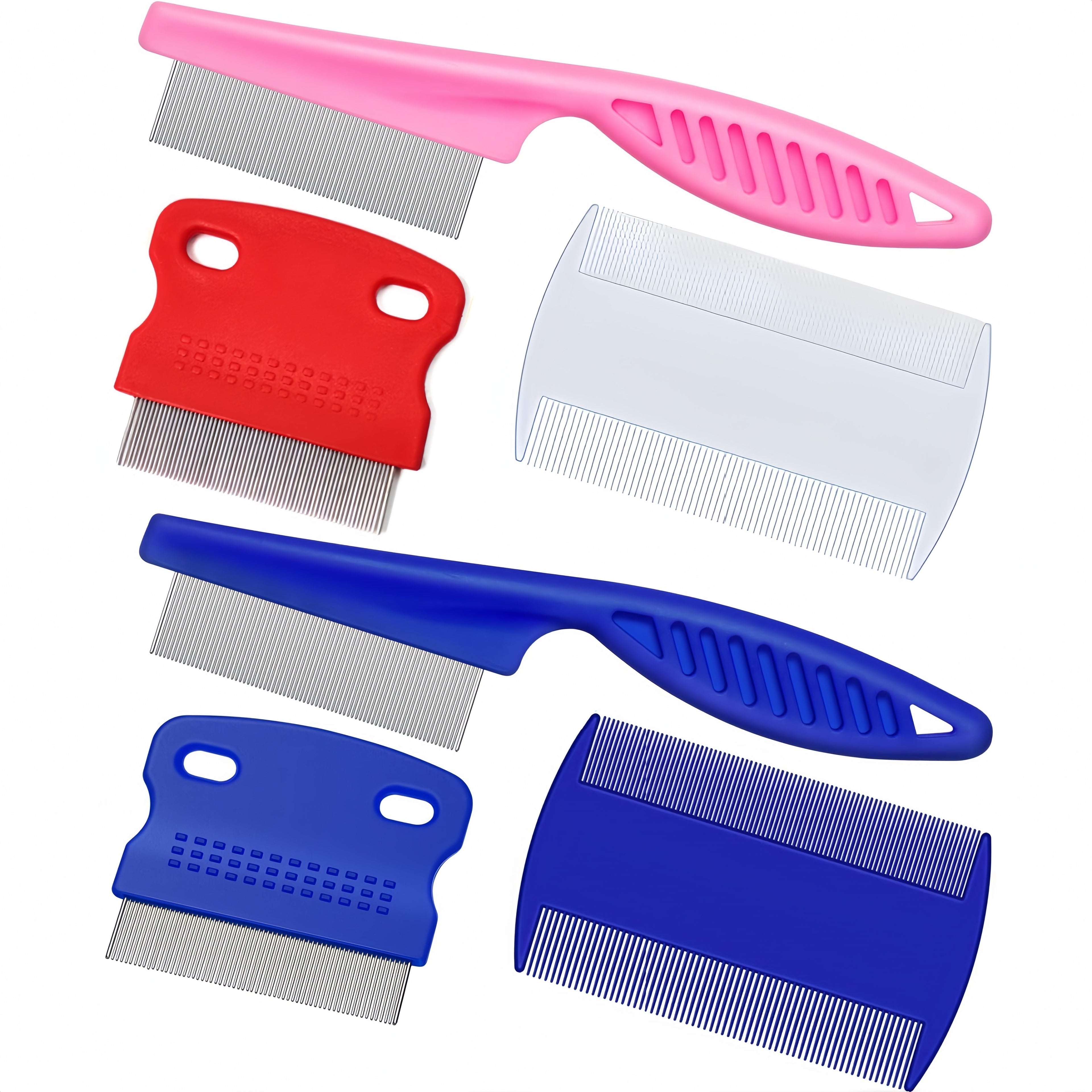 4pcs Flea & Lice Comb Set for Dogs and Cats - Stainless Steel, Blue, Double-Sided with Round Teeth, Ergonomic Handle, Professional Pet Grooming Tools, Ideal for All Pet Sizes, Pet Hygiene Essentials|Doublesided Comb|Durable P