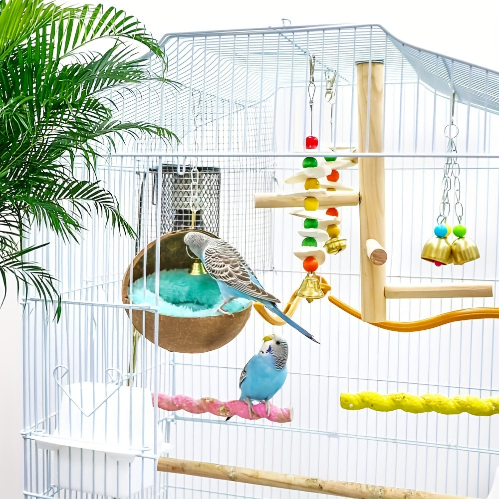 Coconut Shell Bird Nest with Warm Cushion and Bell for Small Birds