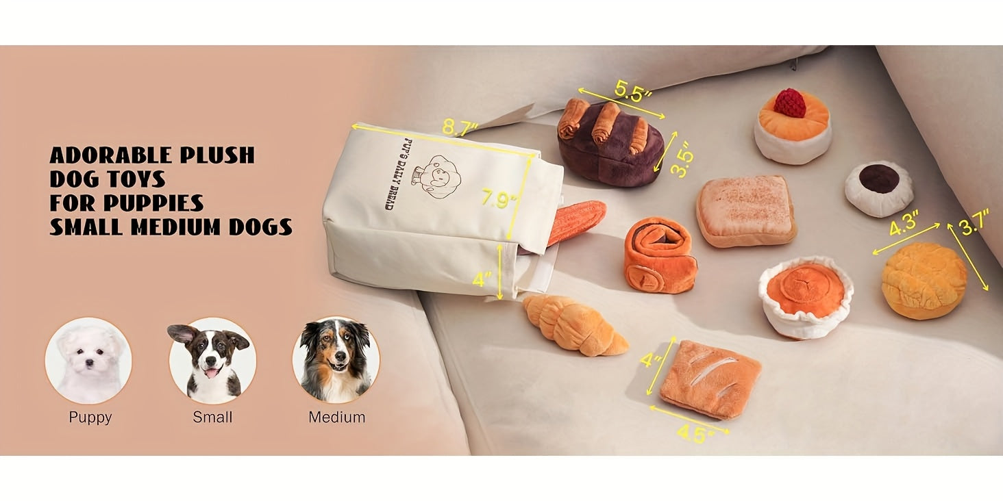 10 Pack Nocciola Bread Dog Toys with Storage Bag - Crinkle Squeaky Plush Chew Toys for Small & Medium Dogs, Durable Puppy Toys with Treat Hiding Pockets, Assorted Bread-Shaped Interactive Dog Accessories, Pet Playtime Accesso