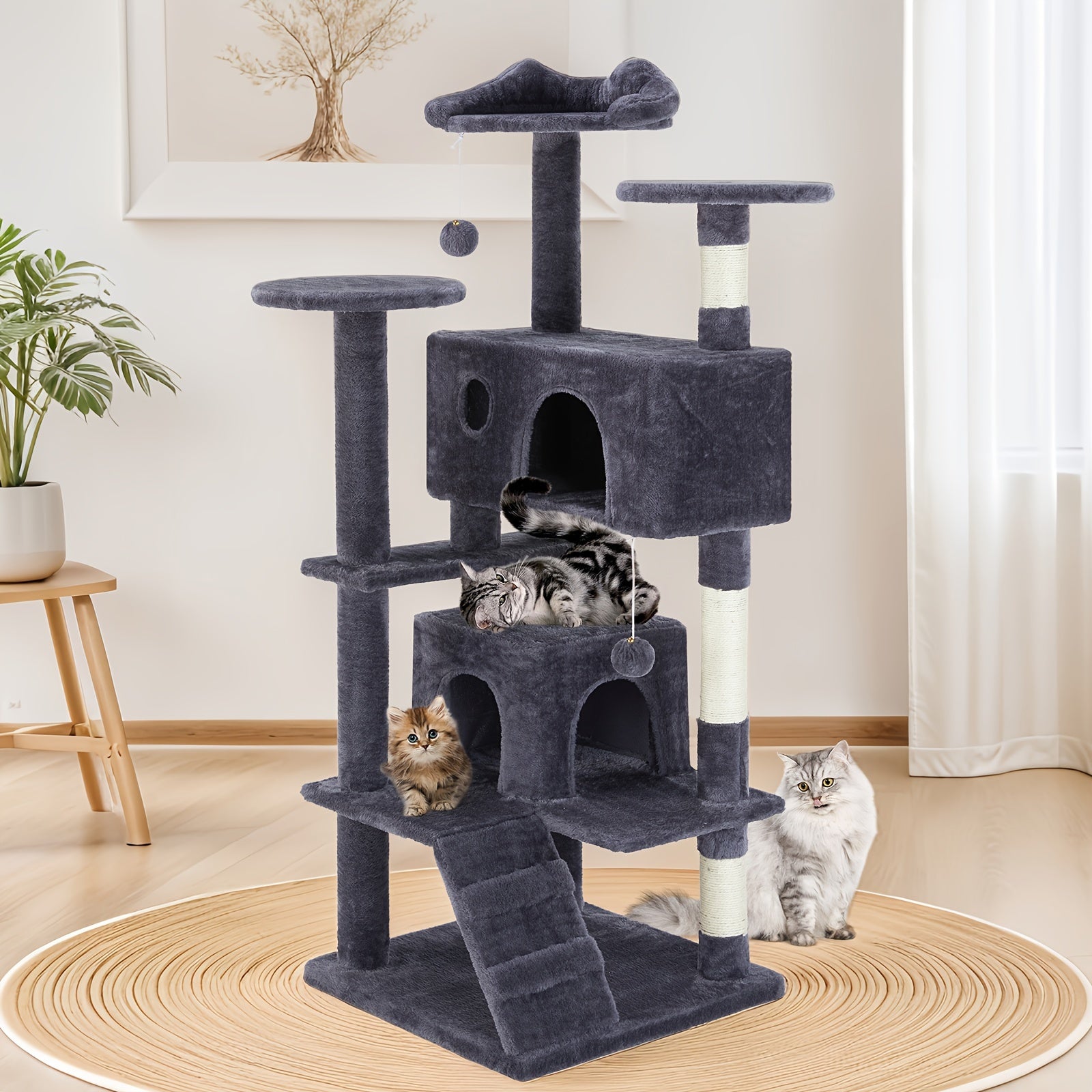 Sweetcrispy Cat Tree, Indoor Cats Tower Tree, 54in Cat Tree Tower, Multi-Level Pet Furniture With Sisal Scratching Post, Plush Fabric, Large Condo Bed, Climing Ladder, Jingle Ball Toy For Kitty, Kittens - For Cats & Kittens -
