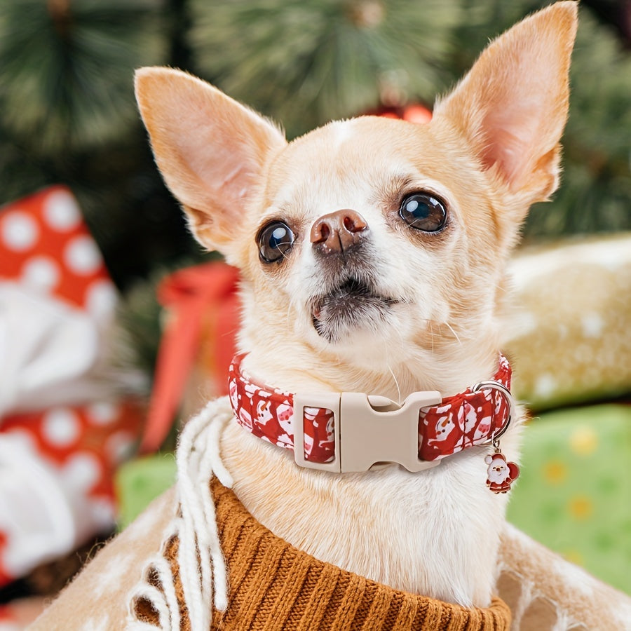Christmas Themed Adjustable Dog Collar with Safety Quick-Release Buckle, Soft Cotton Pet Collar with Santa & Snowman Cartoon Pattern, Festive Red Neckwear for Small, Medium & Large Dogs, Suitable for Male & Female Puppies (1-