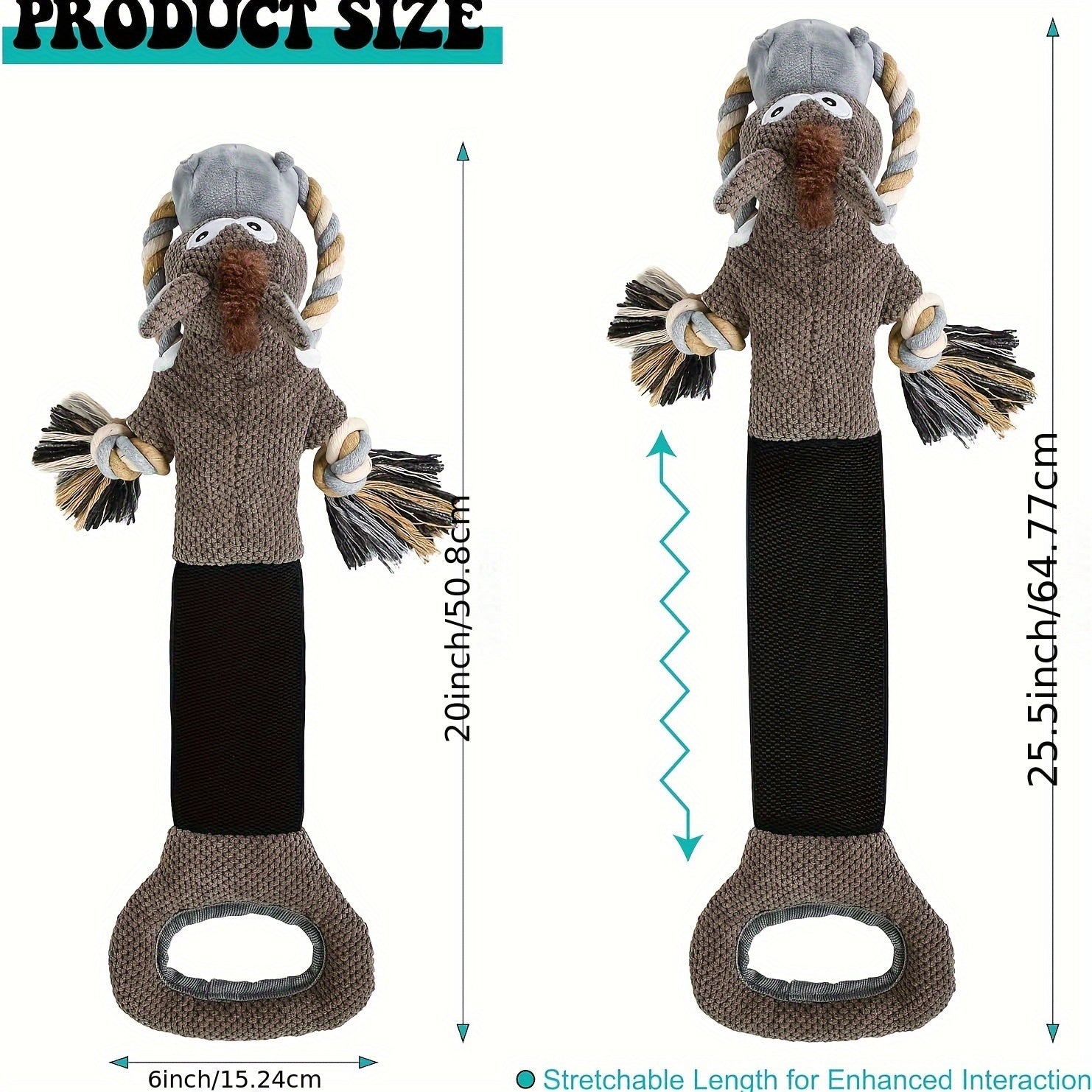 Plush Donkey Dog Toy with Double Handle and Stretchable Rope - Interactive Tug and Squeaky Pet Toy for Teeth Cleaning, Durable for Small, Medium, and Large Breeds, Without Battery