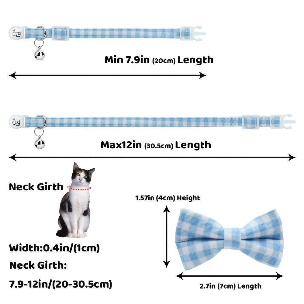 Personalized Custom Metal Paw Tag Pet Collar with Safe Buckle, Bow Tie, Nylon Material, Fresh Plaid Pattern, and Bell - Ideal for Cats and Small Dogs