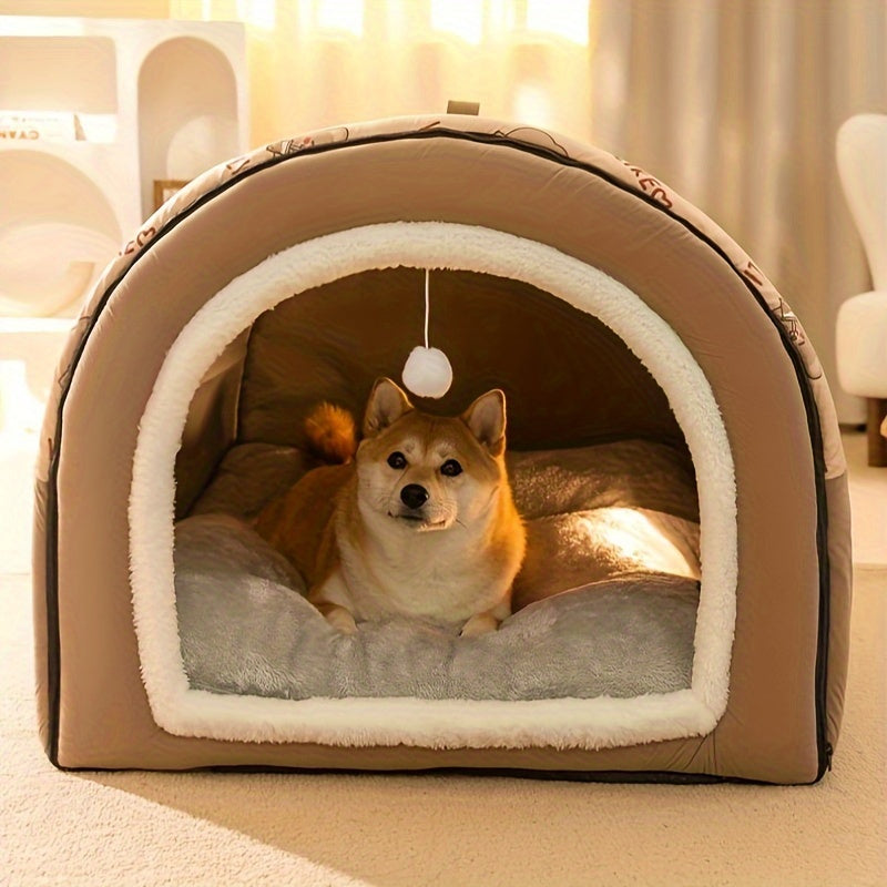 EnigmaTails Cartoon Pattern Dog House, Winter Warm Polyester Pet Bed with Memory Foam, Detachable and Washable, Suitable for Extra Small to Large Dogs, Brown