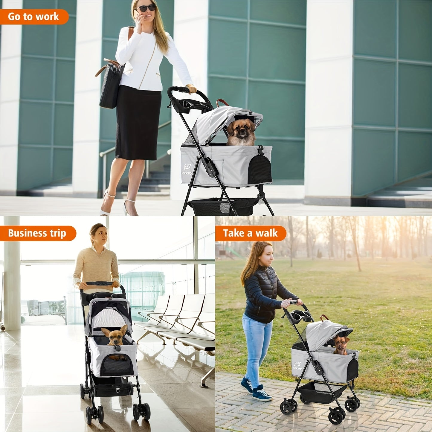3-in-1 Pet Stroller Carrier - Foldable, Detachable, Car Seat, Stroller with Easy Push Button Entry for Small Pets - Attractive Gray Color