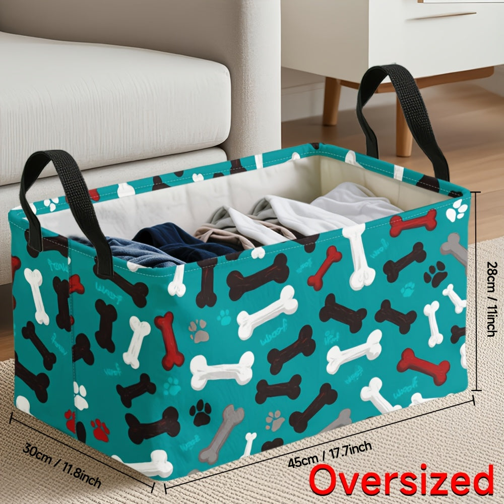 1pc Extra Large Teal Dog Paw Bones Pattern Storage Basket, Foldable Oxford Bin with Metal Frame, Ideal for Dirty Clothes & Fragrance Organization, Cologne Collection Display, Dresser Top Arrangement, Polyester Material, Pet A