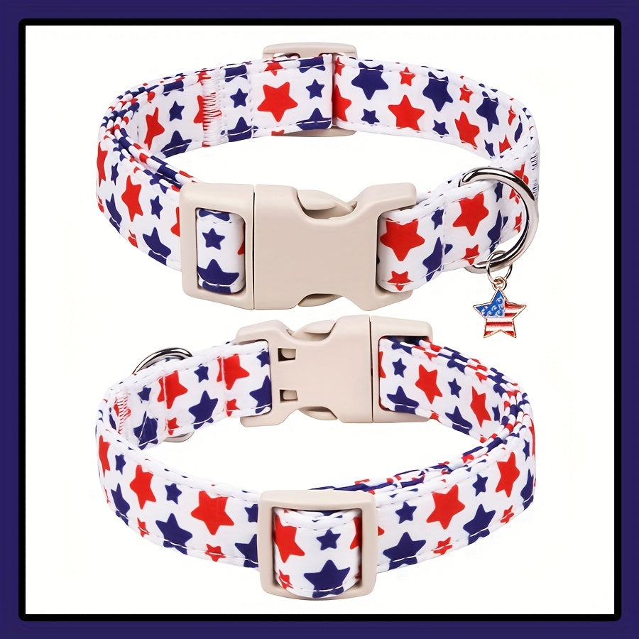 Patriotic American Flag Dog Collar, Adjustable Polyester Pet Collar with Star Pattern, Quick Release Buckle, Festive 4th of July Accessory for Small Dogs