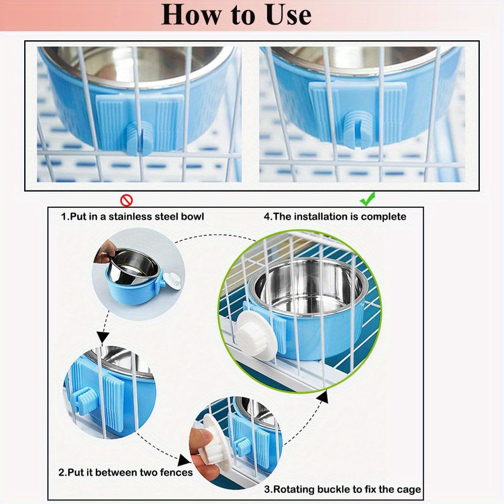 2pcs Stainless Steel Hanging Pet Feeding Bowl, Pet Cage Feeding Bowl, Detachable Pet Nest Hanging Water Feeding Bowl, Easy To Install, High Quality Material, Non-slip and Easy To Clean, Suitable for Puppies, Cats, Rabbits, Bi