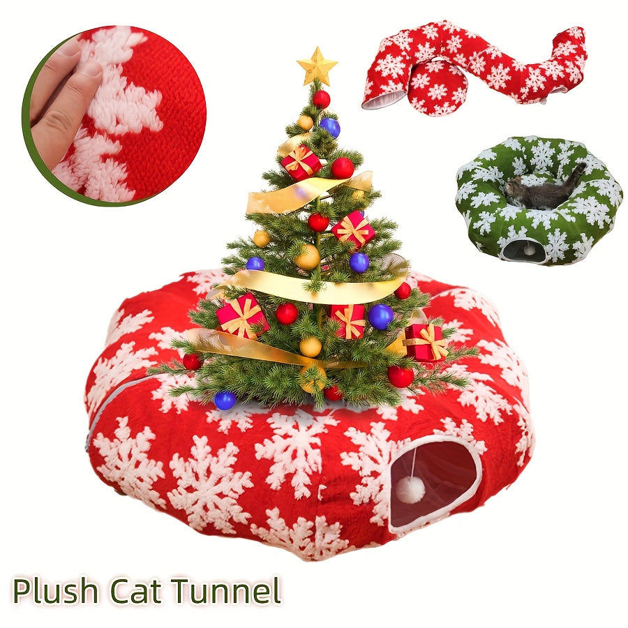 Christmas Cat Tunnel & Bed - Extra Large 37.01in Plush Warm Cozy Cat Bed with Expandable Donut, Snowflake Pattern, Holiday Theme, Anxiety Relief, Indoor Use, Red & Green, Cat Bed for Indoor Cats, Festive Pet Furniture, Playfu