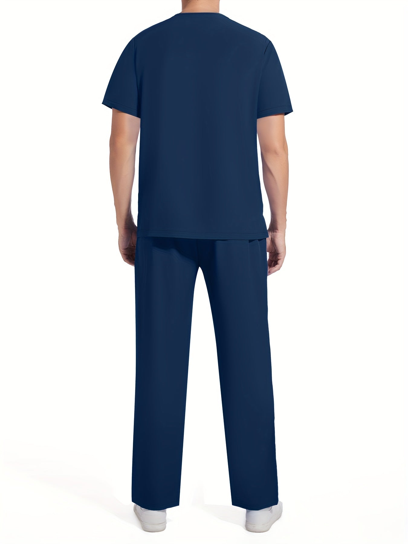 Men's Short Sleeve Summer Work Wear Set, Lab Coat, Pet Grooming Uniform, Breathable V-neck Top With Pockets And Long Pants Outfit