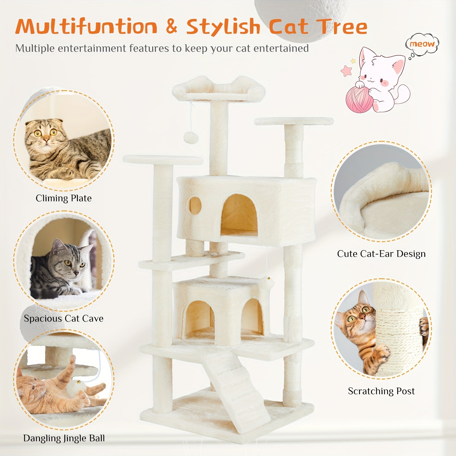 Cat Tree Tower For Indoor Cats, 54in Tall Multi-Level Pet Furniture, Stable Kitty Play House With Sisal Scratching Post, Large Condo, Climbing Ladder, Plush Toy For Kitten