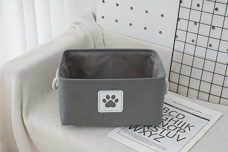 Beige Canvas Multi-Purpose Storage Box - Pet Toy Organizer with Brown Paw Print Design, Rope Handles - Ideal for Dog Toys, Clothes & Organizational Needs