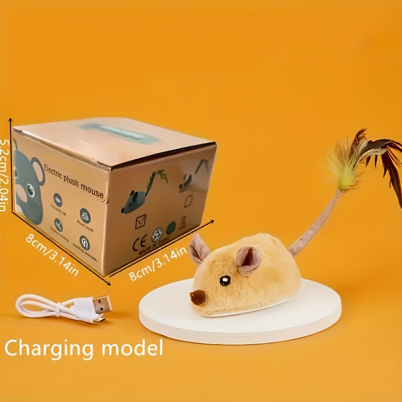 Interactive Whisker Wonders 1pc USB Plush Cat Toy - Electric Teaser Mouse with Sound, LED Lights, Turnaround Steering & Obstacle Avoidance - Durable Fabric Pet Toy with Feather Tail