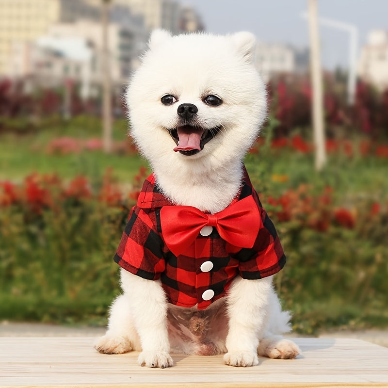 1pc Dog Plaid Suit With Bow Tie, Pet Wedding Attire, Dog Clothes For Small To Large Dogs, Pet Apparel