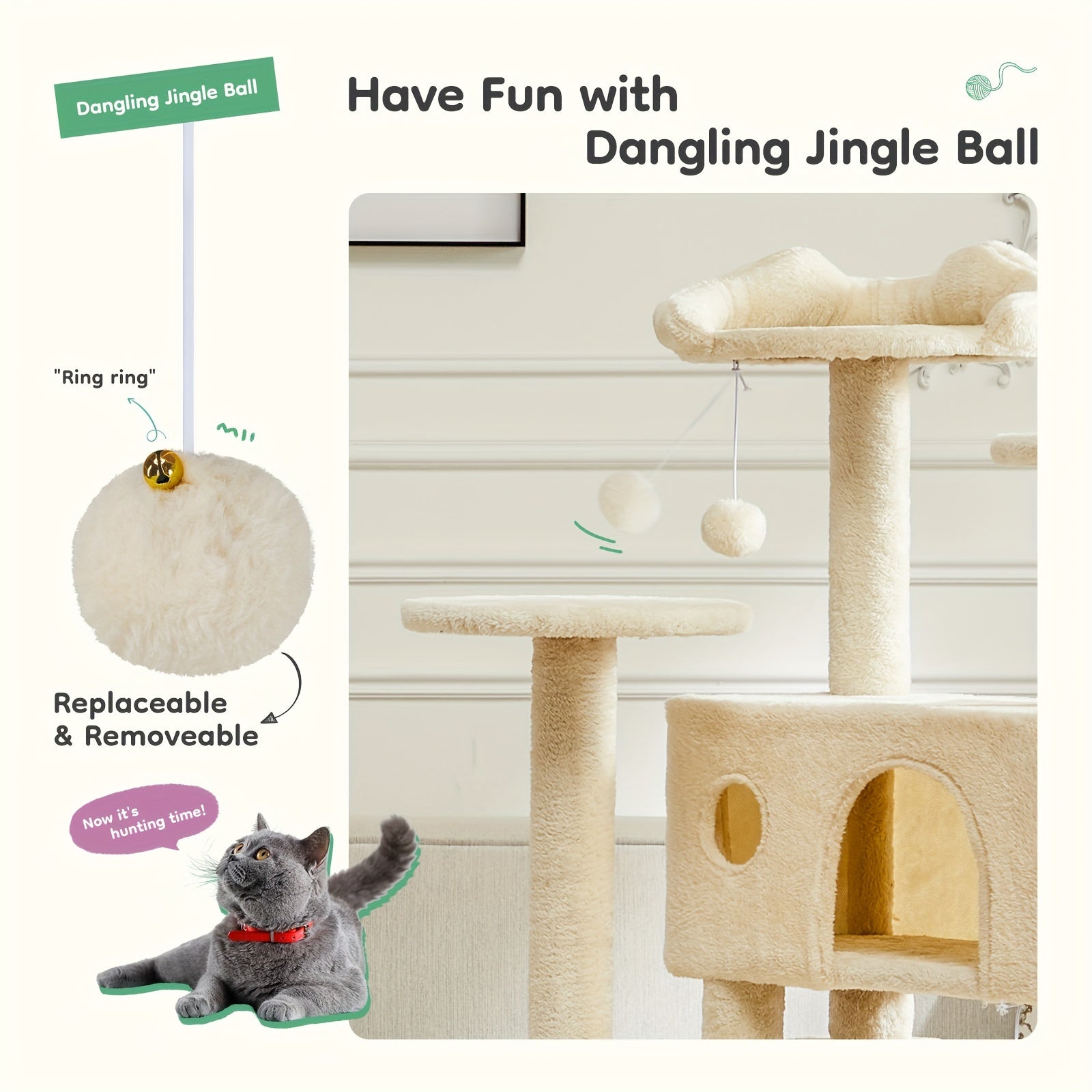 54in Cat Tree Tower for Indoor Cats, Multi-Level Pet Furniture, Kitty Play House with Sisal Scratching Post, Large Condo, Climbing Ladder, Plush Toy for Kitten, Beige and Gray