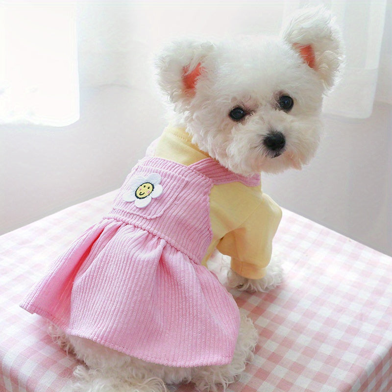 Pink Warm & Comfortable Knit Sunflower Couple Dog Dress - Cozy Pet Apparel for Small Breeds, Fall/Winter