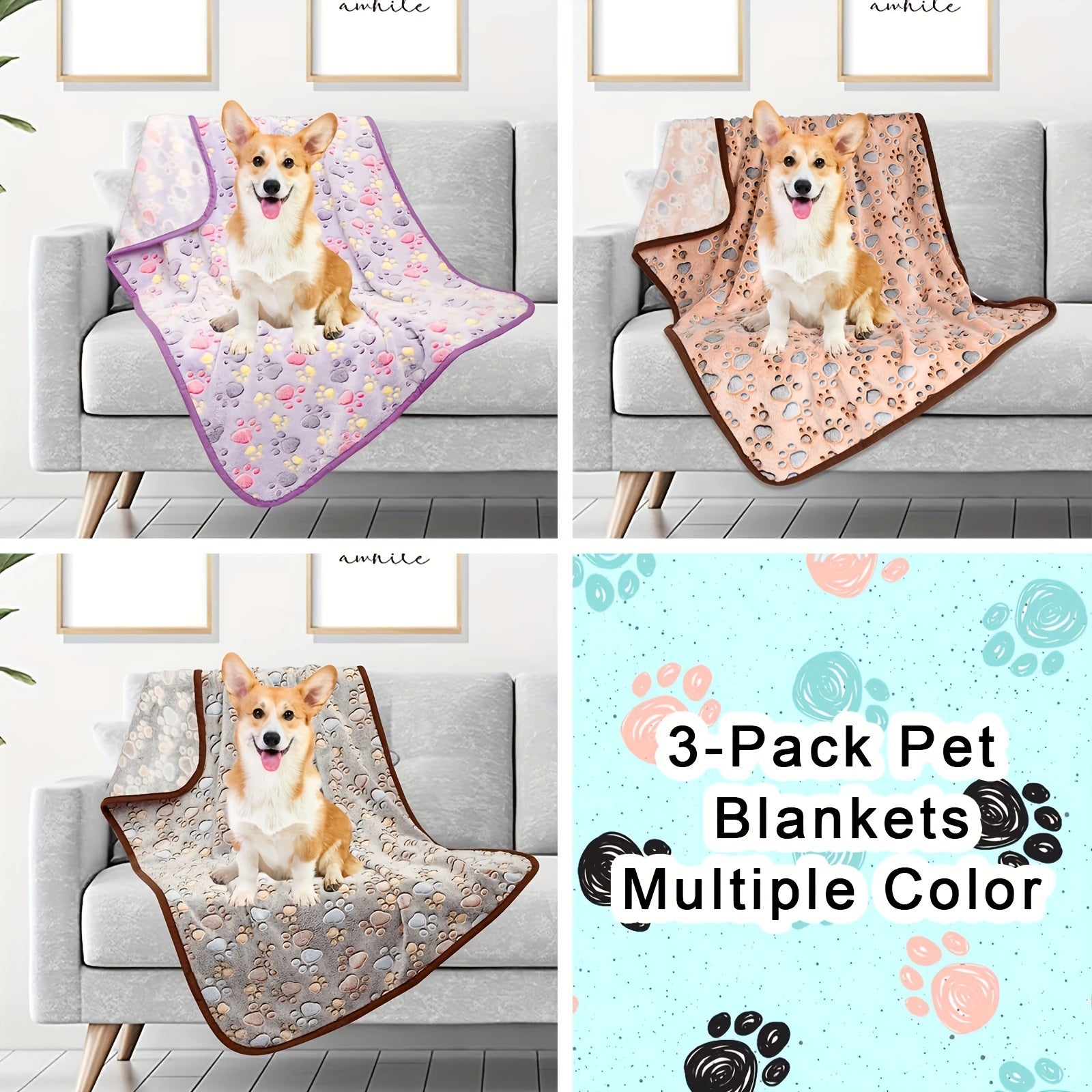 Soft Coral Fleece 3pcs Cozy Gray Paw Print Pet Blankets - Machine Washable, All-Season Comfort for Small to Large Breeds - Polyester Durability, Plush Pet Accessories