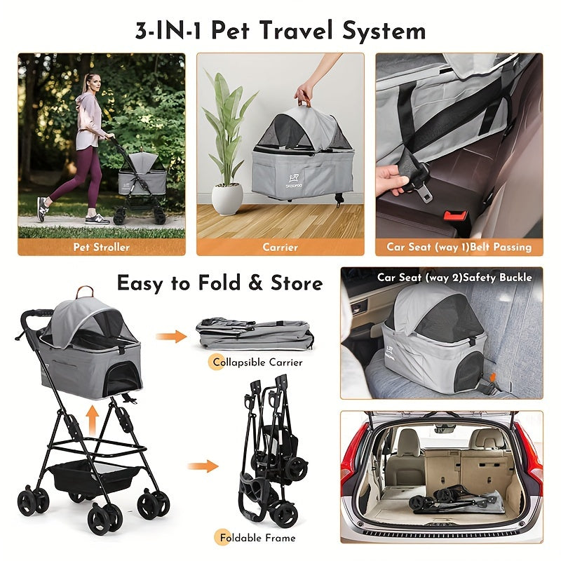 3-in-1 Pet Stroller Carrier - Foldable, Detachable, Car Seat, Stroller with Easy Push Button Entry for Small Pets - Attractive Gray Color