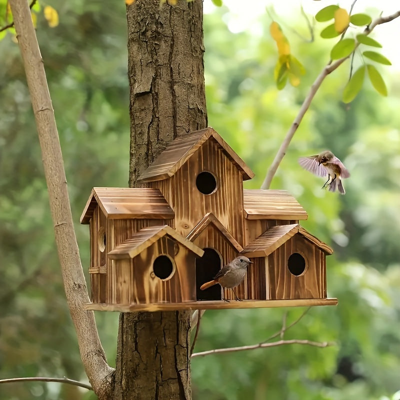 Wooden Hummingbird House - Rustic Solid Wood Birdhouse Decor - Outdoor Garden Villa Style Bird Nesting Box For Small Birds