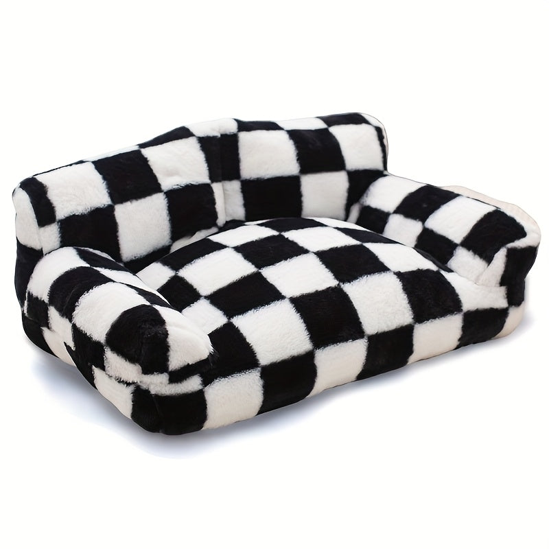 All-Season Pet Sofa Bed - Plush Polyester Cushioning, Black & White Checkerboard Pattern - Soft Warm Bed for Cats, Small Dogs, Indoor Use - Easy-Clean Pet Furniture for Living Room, Bedroom Decor, Cozy Design, Softcushioned S