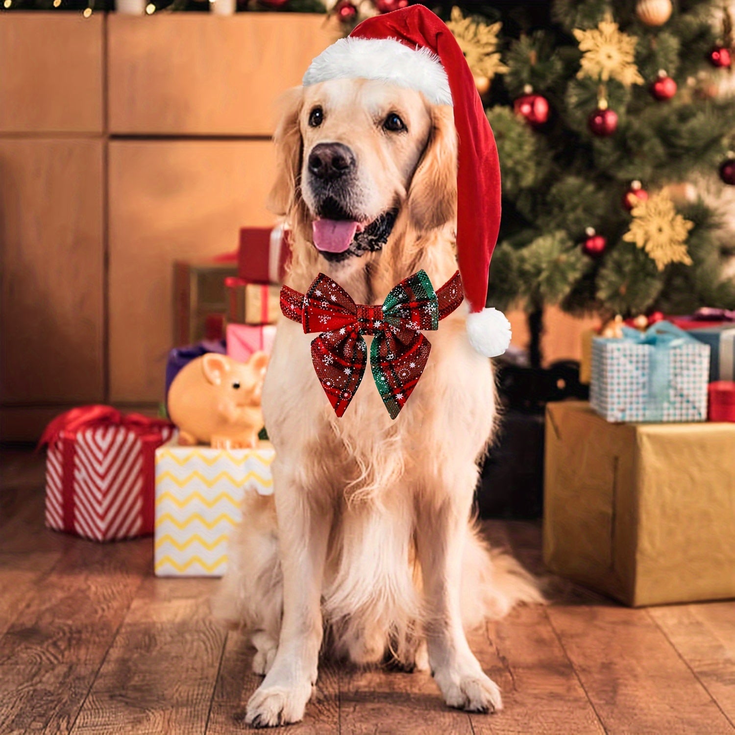 Christmas Plaid Dog Collar with Detachable Bowtie, Adjustable Pet Collar for Cats and Dogs, Durable Polyamide Material with Press Buckle and D-Ring, Perfect for Holiday Parties, Birthdays, and Daily Wear - Red (S/M/L)