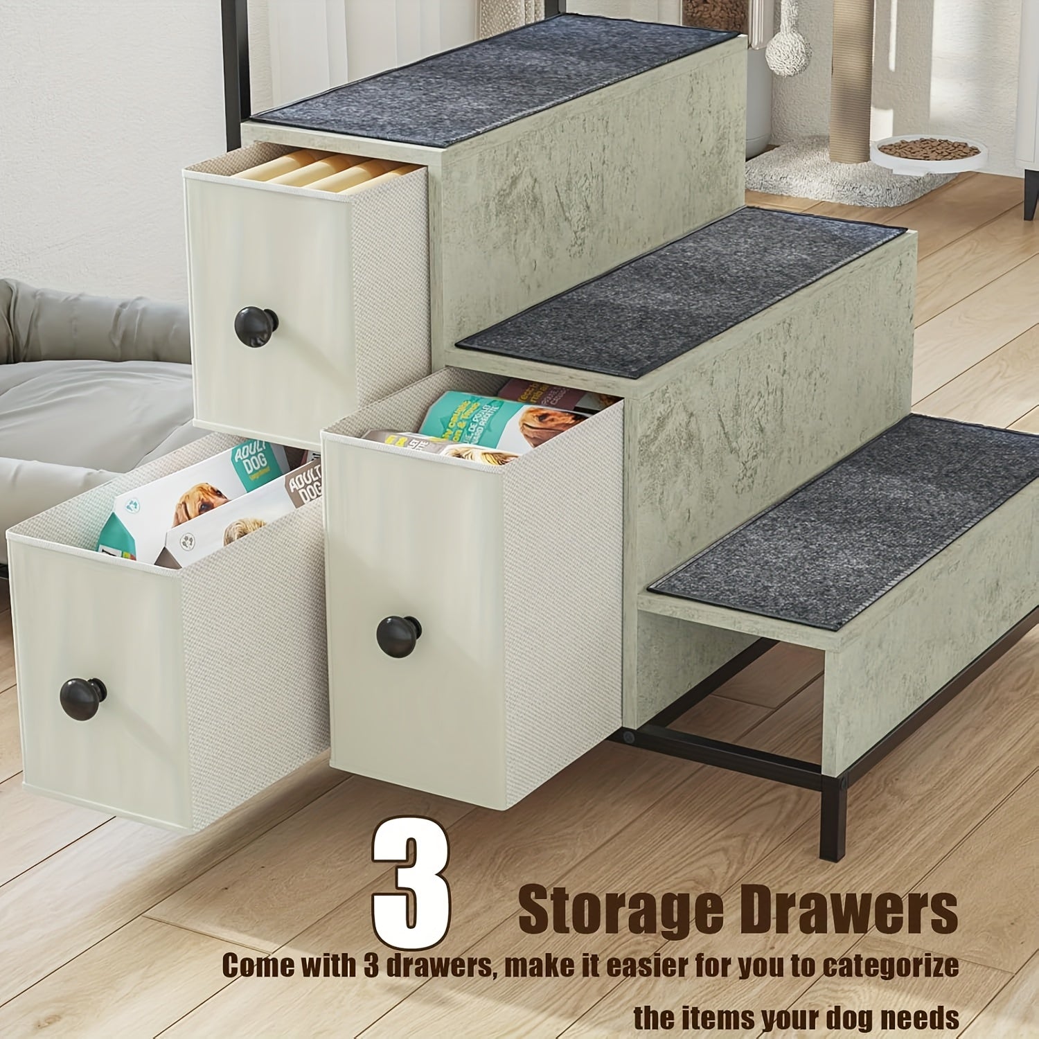 Multi-Level Pet Bunk Bed with Stairs & Storage Drawers - Elevated Dog Bed or Window perch, Sturdy Construction, Space-Saving Design for Small/Medium Dogs - Modern Home Decor Pet Furniture, Engineered Wood Frame, Apartment Pet