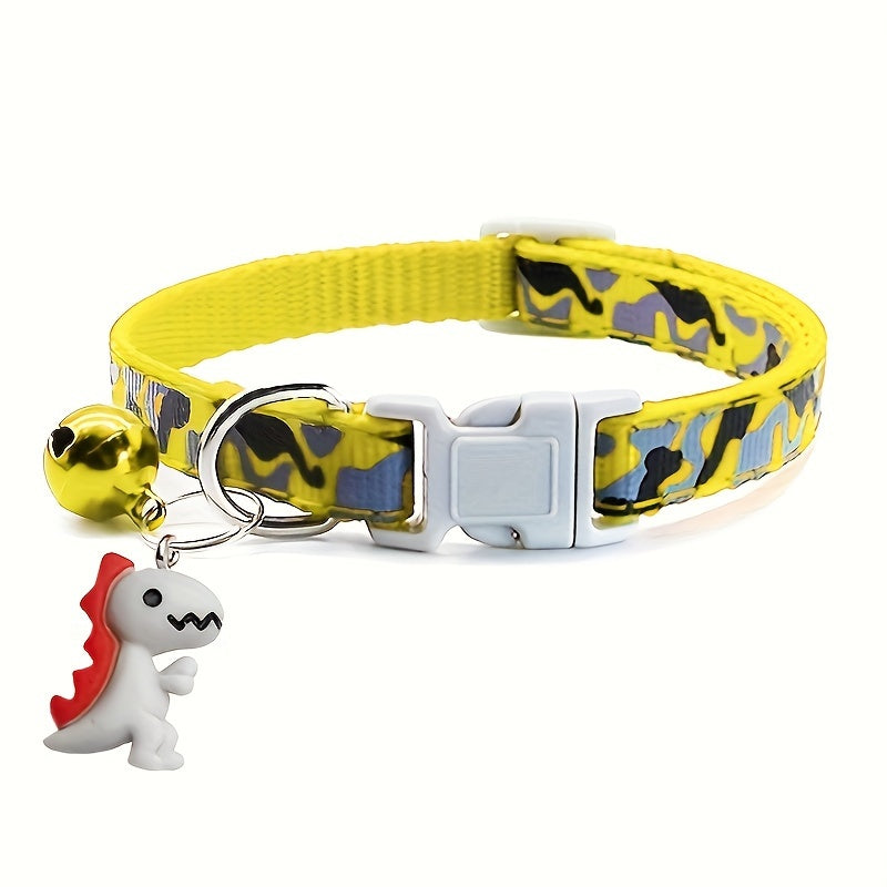 GEKTIMER Adjustable Camo Print Pet Collar with Bell and Cute Dinosaur Charm, Soft Padded Comfortable Design, Ideal Fashion Accessory for Cats, Kittens, and Small Dogs, Polyester Material in Cute Style