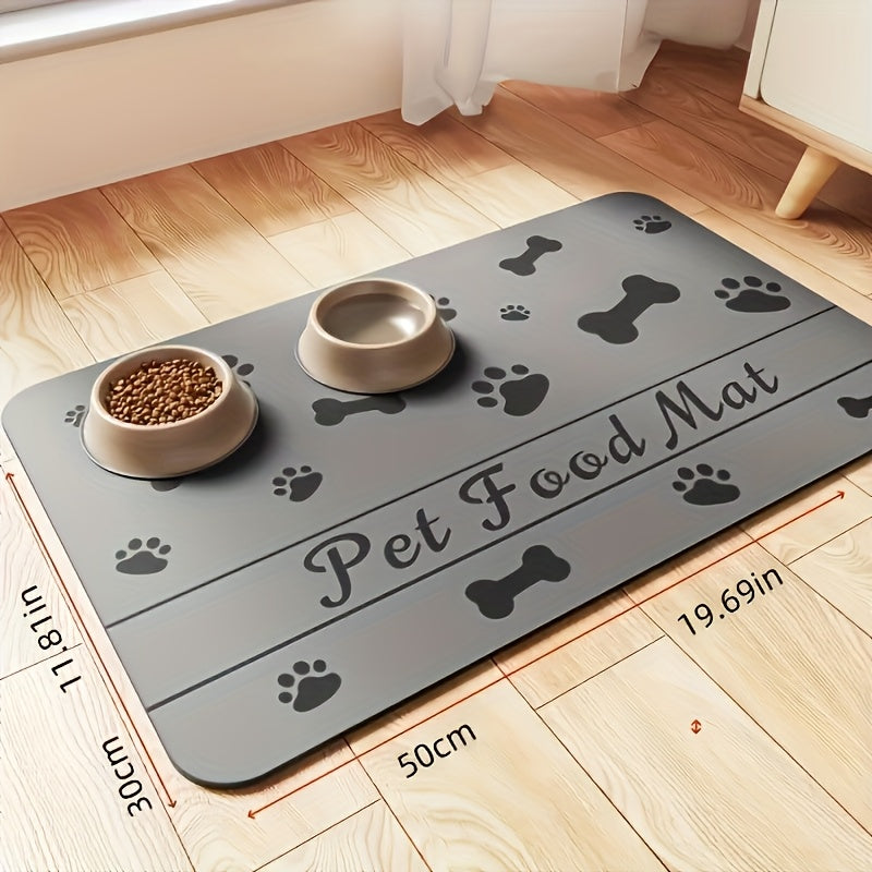 2pcs Quick-Dry & Absorbent Pet Feeding Mats with Non-Slip Rubber Backing - Diatomite Material, Gray with Paw Prints & Bone Design, Ideal for Dog & Cat Food and Water Bowls, Dog Food Mat