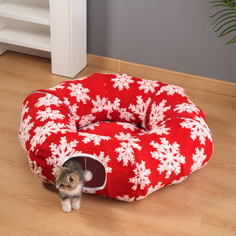 Christmas Cat Tunnel & Bed - Extra Large 37.01in Plush Warm Cozy Cat Bed with Expandable Donut, Snowflake Pattern, Holiday Theme, Anxiety Relief, Indoor Use, Red & Green, Cat Bed for Indoor Cats, Festive Pet Furniture, Playfu
