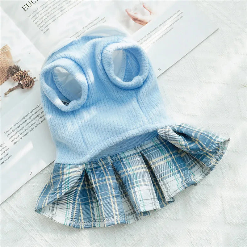 Small Breeds Polyester All-Season Dog Dress, Chic College Style Pet Apparel with Plaid Skirt and Collar, Pullover Design, Ideal for Spring, Cat & Chihuahua, Available in Pink, Blue, Green